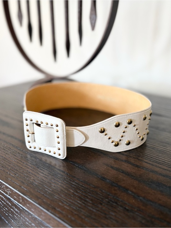 Yves Saint Laurent Accessories - Yves Saint Laurent Vintage 90s Y2K White Leather Gold Studded Waist Belt Small S